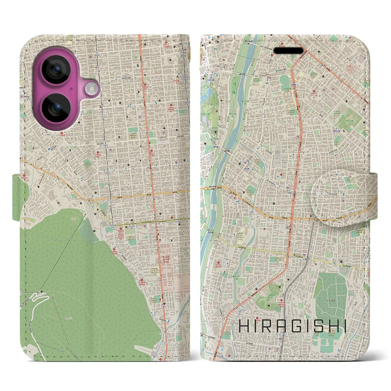 【平岸(北海道)】地図柄iPhoneケース(手帳タイプ)ナチュラル・iPhone 16 Pro 用