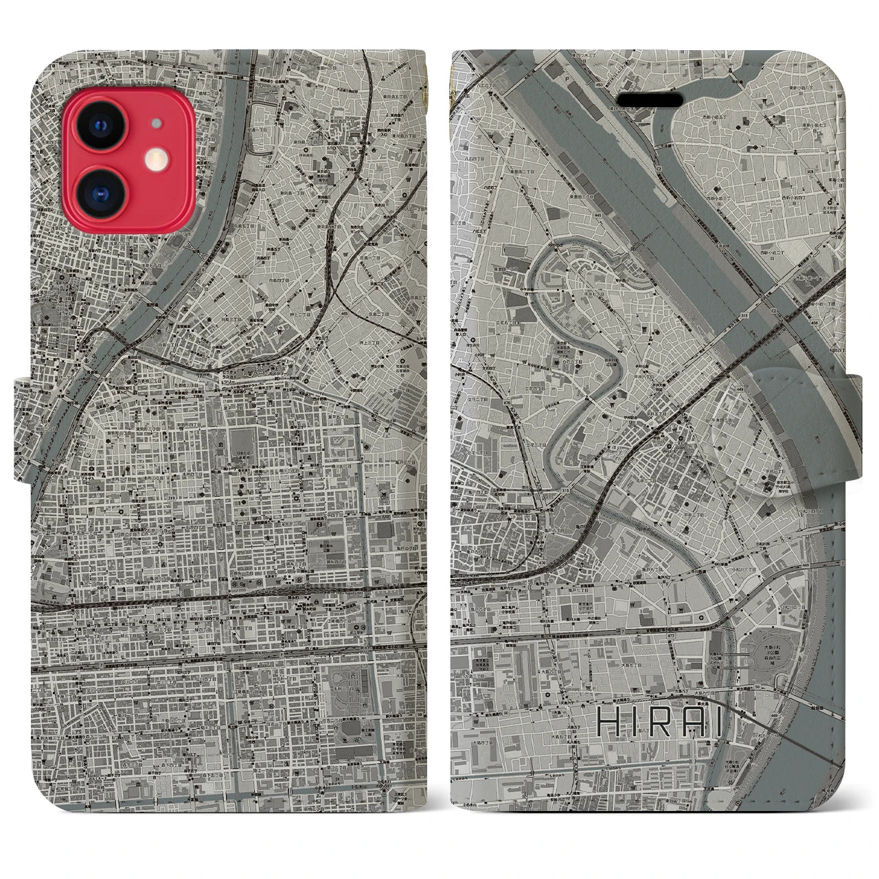 【平井(東京都)】地図柄iPhoneケース(手帳タイプ)モノトーン・iPhone 11 用