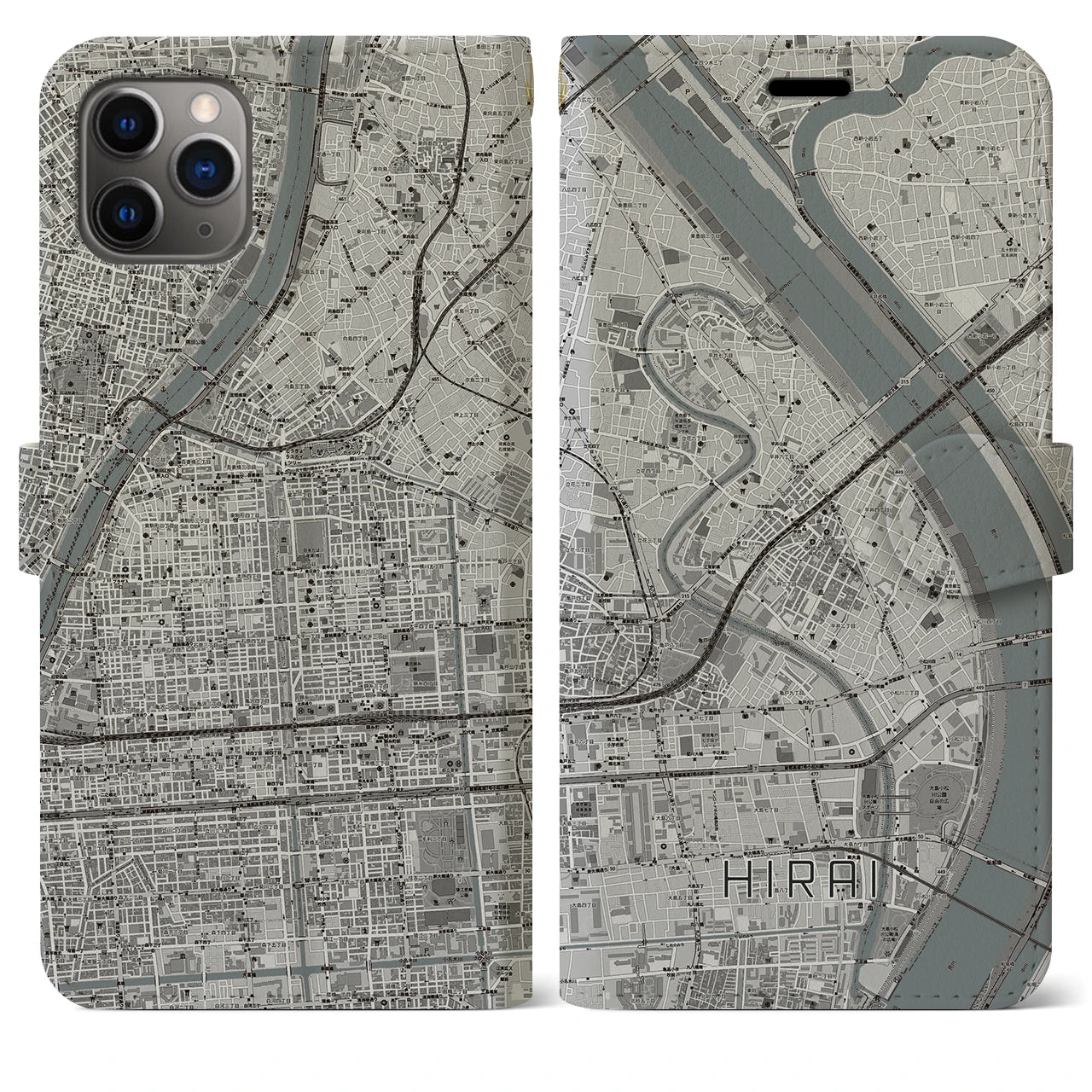 【平井(東京都)】地図柄iPhoneケース(手帳タイプ)モノトーン・iPhone 11 Pro Max 用