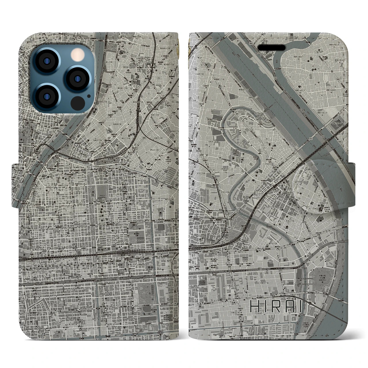 【平井(東京都)】地図柄iPhoneケース(手帳タイプ)モノトーン・iPhone 12 / 12 Pro 用