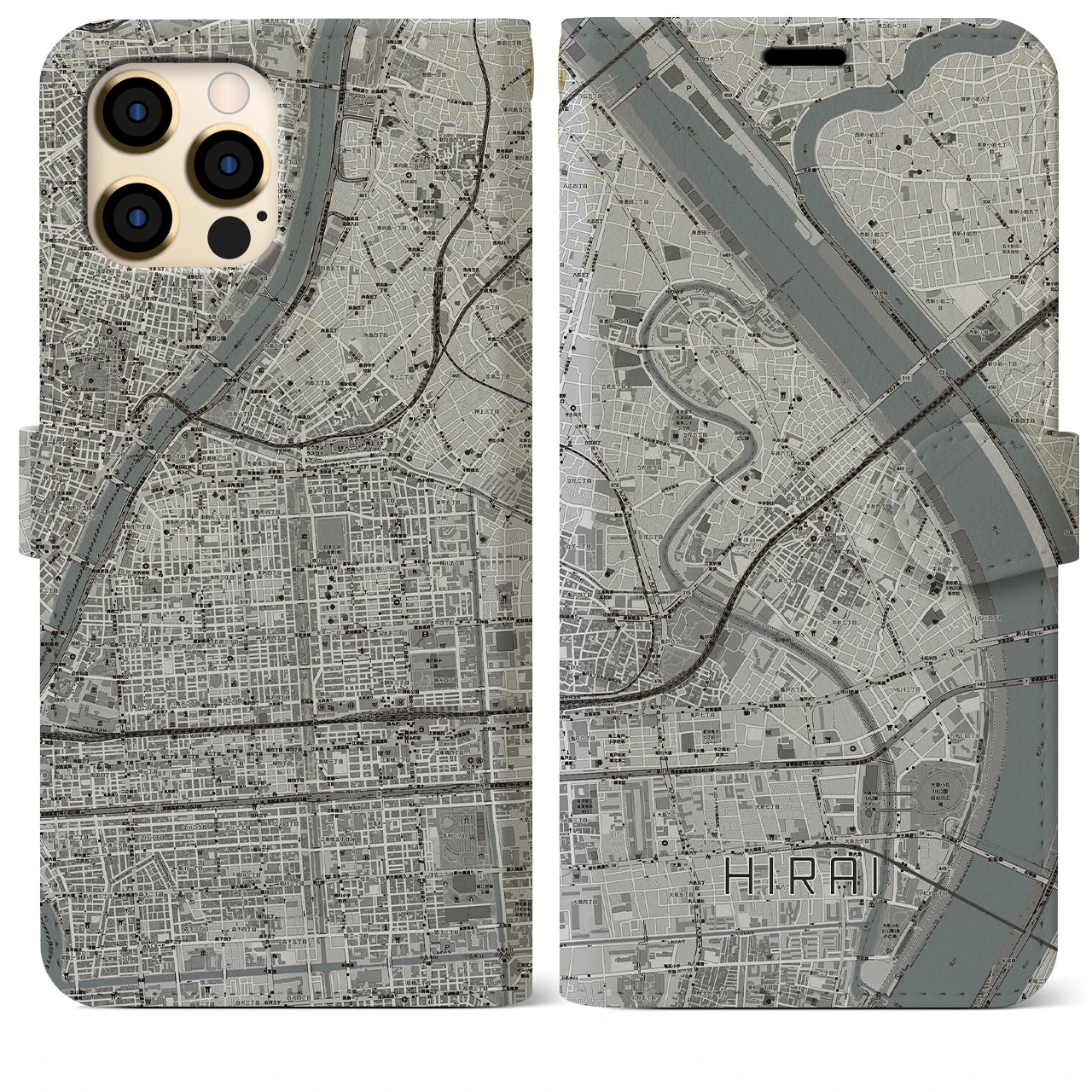 【平井(東京都)】地図柄iPhoneケース(手帳タイプ)モノトーン・iPhone 12 Pro Max 用