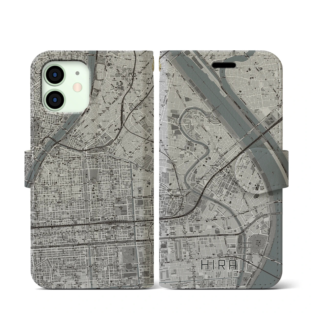 【平井(東京都)】地図柄iPhoneケース(手帳タイプ)モノトーン・iPhone 12 mini 用