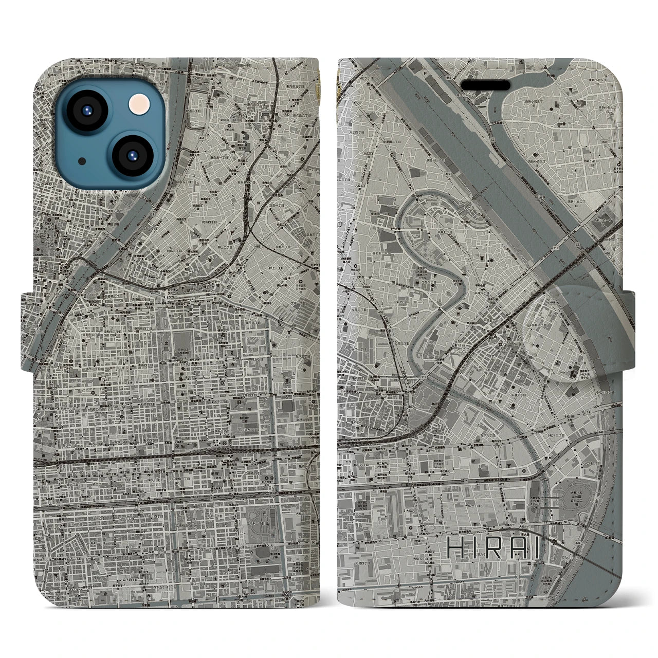 【平井(東京都)】地図柄iPhoneケース(手帳タイプ)モノトーン・iPhone 13 用