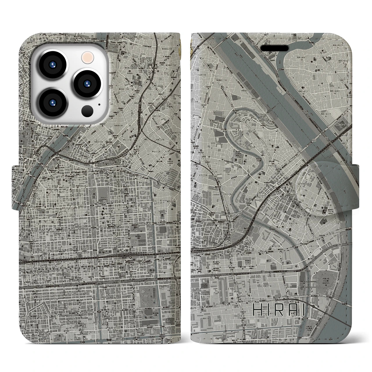【平井(東京都)】地図柄iPhoneケース(手帳タイプ)モノトーン・iPhone 13 Pro 用