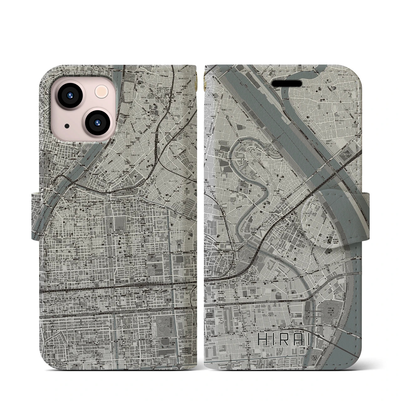【平井(東京都)】地図柄iPhoneケース(手帳タイプ)モノトーン・iPhone 13 mini 用