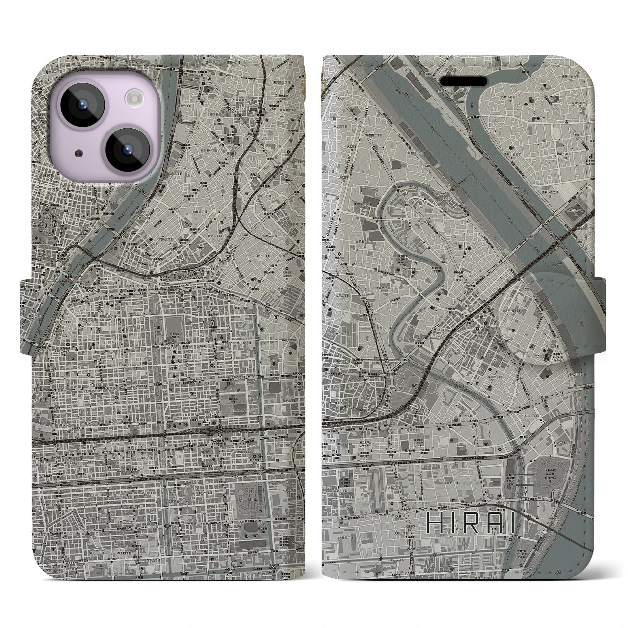 【平井(東京都)】地図柄iPhoneケース(手帳タイプ)モノトーン・iPhone 14 用