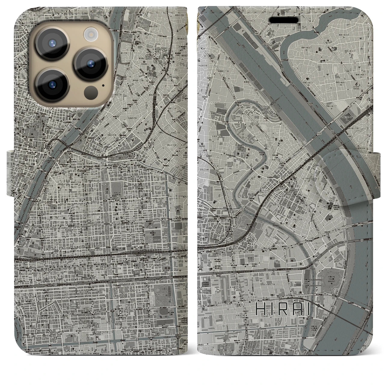 【平井(東京都)】地図柄iPhoneケース(手帳タイプ)モノトーン・iPhone 14 Pro Max 用