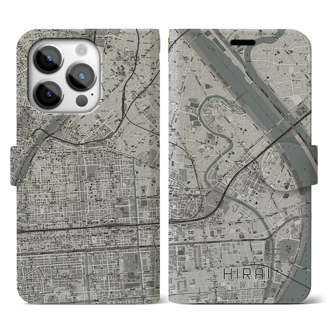【平井(東京都)】地図柄iPhoneケース(手帳タイプ)モノトーン・iPhone 14 Pro 用