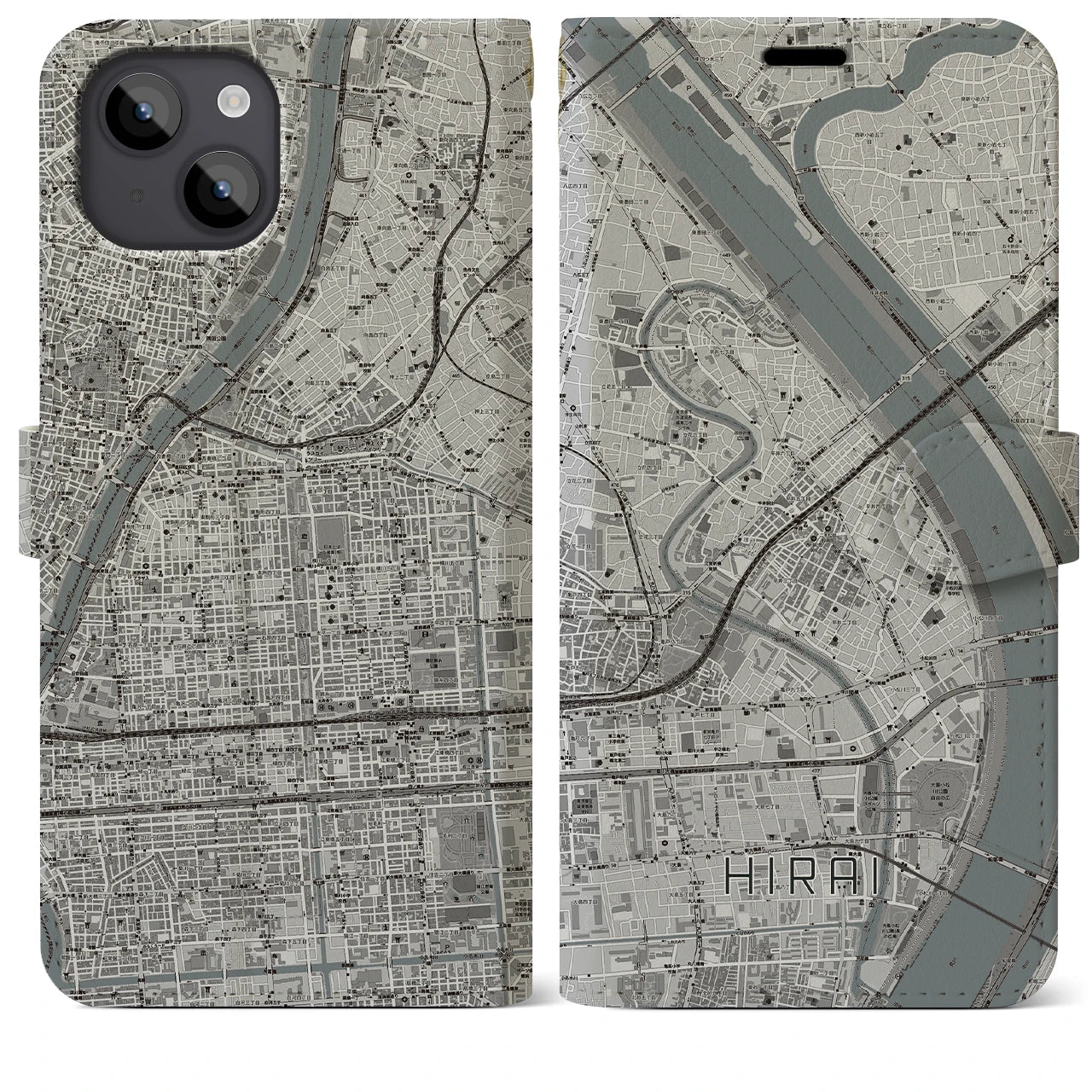 【平井(東京都)】地図柄iPhoneケース(手帳タイプ)モノトーン・iPhone 14 Plus 用