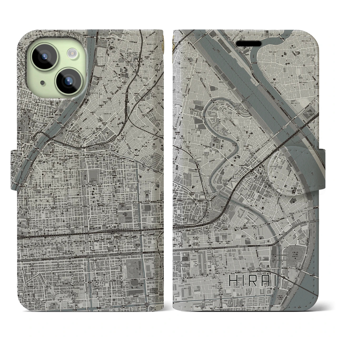 【平井(東京都)】地図柄iPhoneケース(手帳タイプ)モノトーン・iPhone 15 用