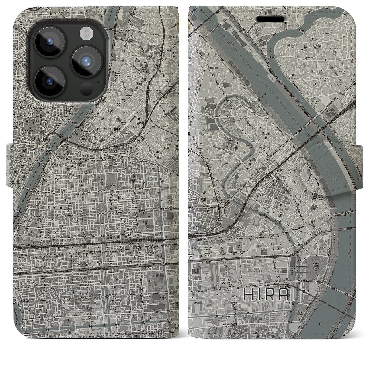 【平井(東京都)】地図柄iPhoneケース(手帳タイプ)モノトーン・iPhone 15 Pro Max 用
