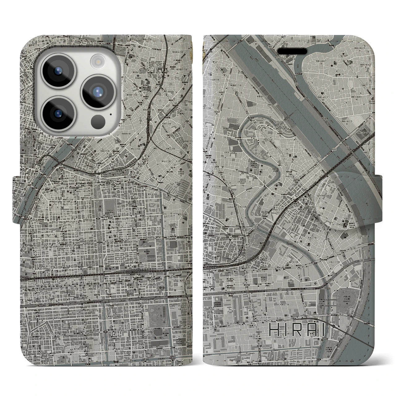【平井(東京都)】地図柄iPhoneケース(手帳タイプ)モノトーン・iPhone 15 Pro 用