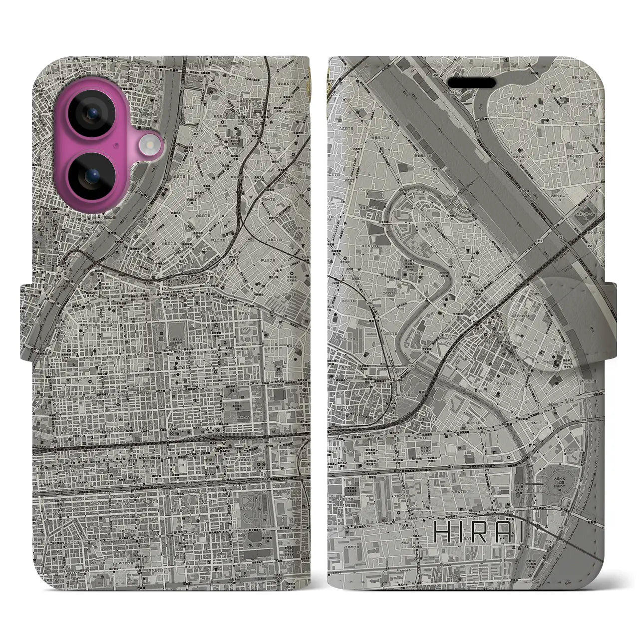 【平井(東京都)】地図柄iPhoneケース(手帳タイプ)モノトーン・iPhone 16 Pro 用