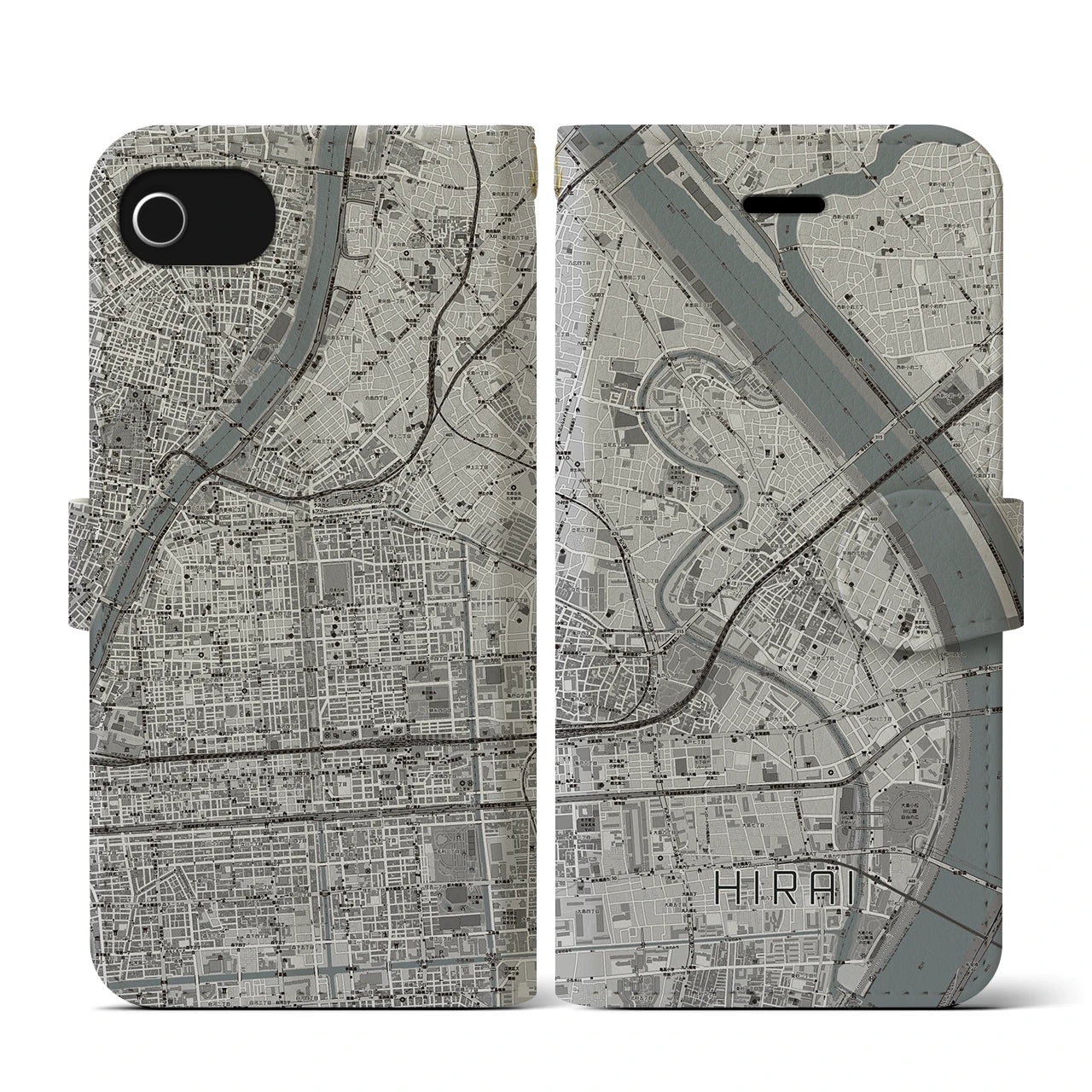 【平井(東京都)】地図柄iPhoneケース(手帳タイプ)モノトーン・iPhone SE(第3 / 第2世代) / 8 / 7 / 6s / 6 用