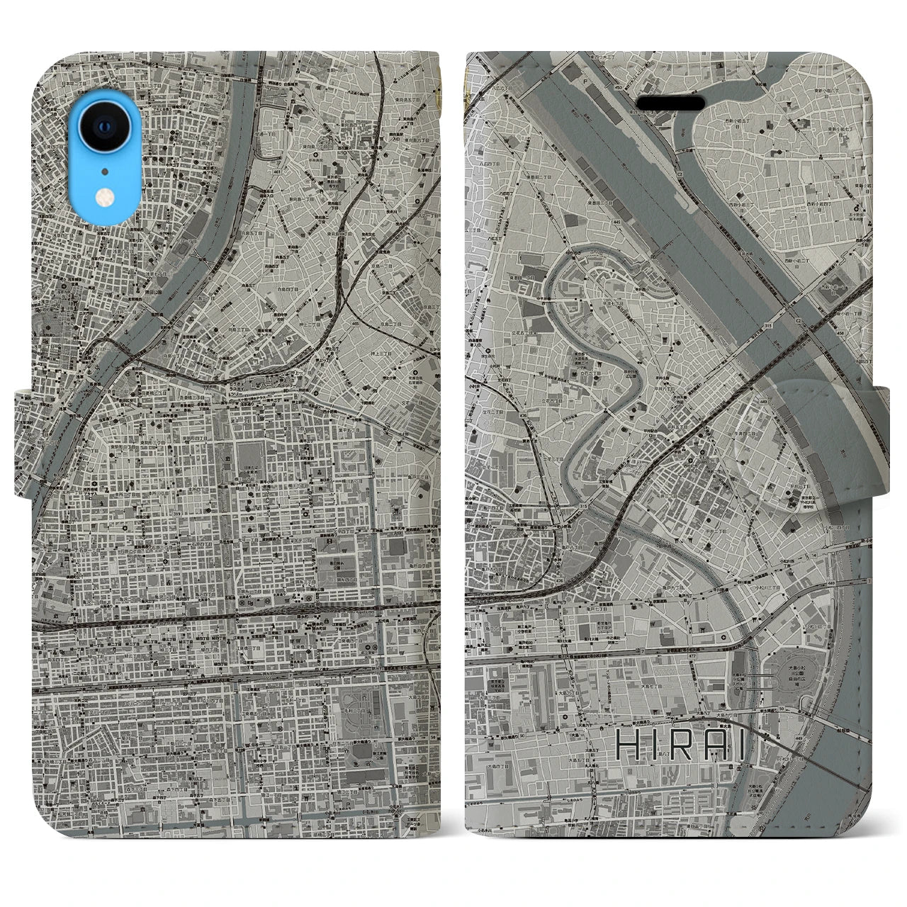 【平井(東京都)】地図柄iPhoneケース(手帳タイプ)モノトーン・iPhone XR 用