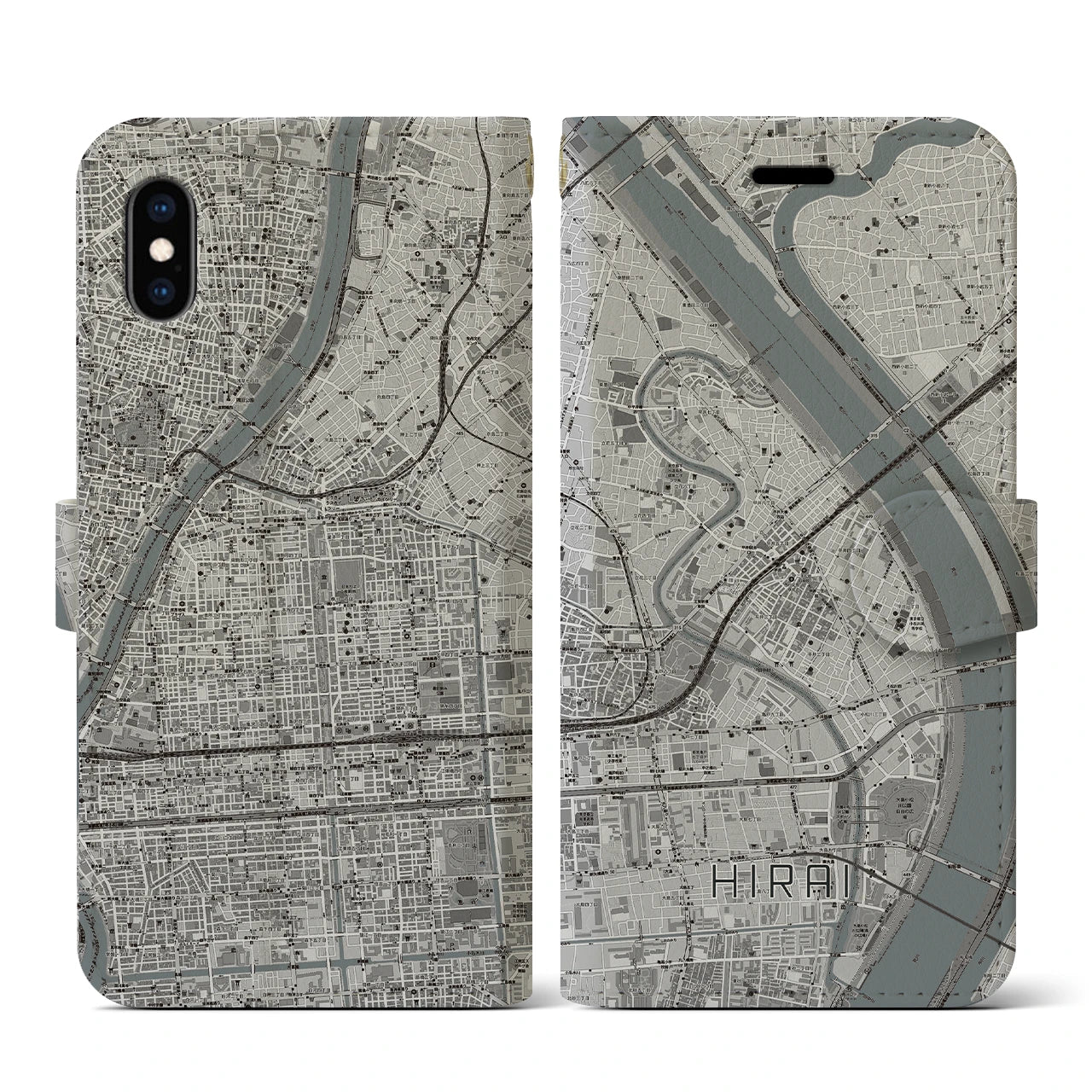 【平井(東京都)】地図柄iPhoneケース(手帳タイプ)モノトーン・iPhone XS / X 用