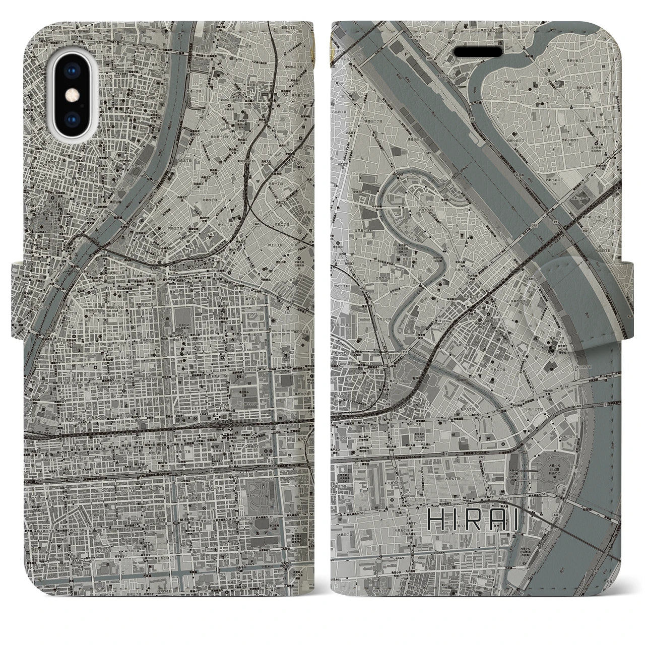【平井(東京都)】地図柄iPhoneケース(手帳タイプ)モノトーン・iPhone XS Max 用