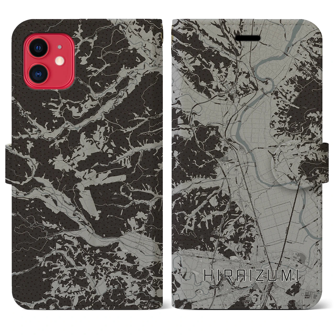 【平泉(岩手県)】地図柄iPhoneケース(手帳タイプ)モノトーン・iPhone 11 用