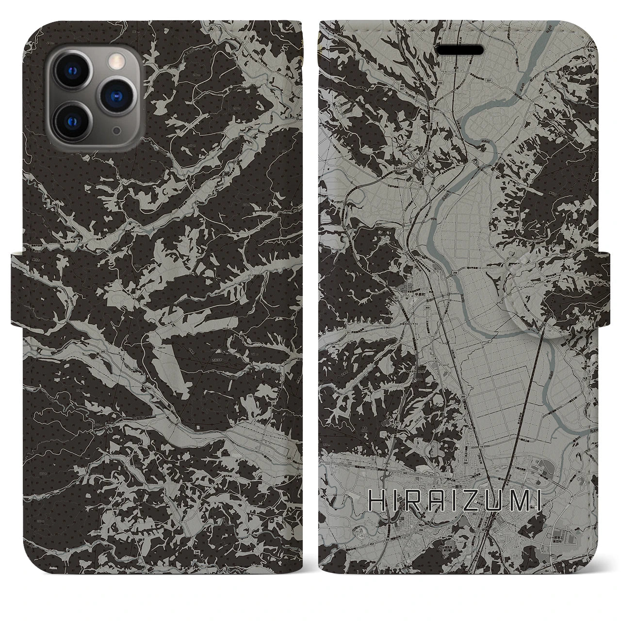 【平泉(岩手県)】地図柄iPhoneケース(手帳タイプ)モノトーン・iPhone 11 Pro Max 用