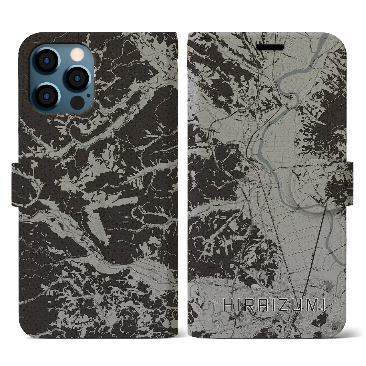 【平泉(岩手県)】地図柄iPhoneケース(手帳タイプ)モノトーン・iPhone 12 / 12 Pro 用