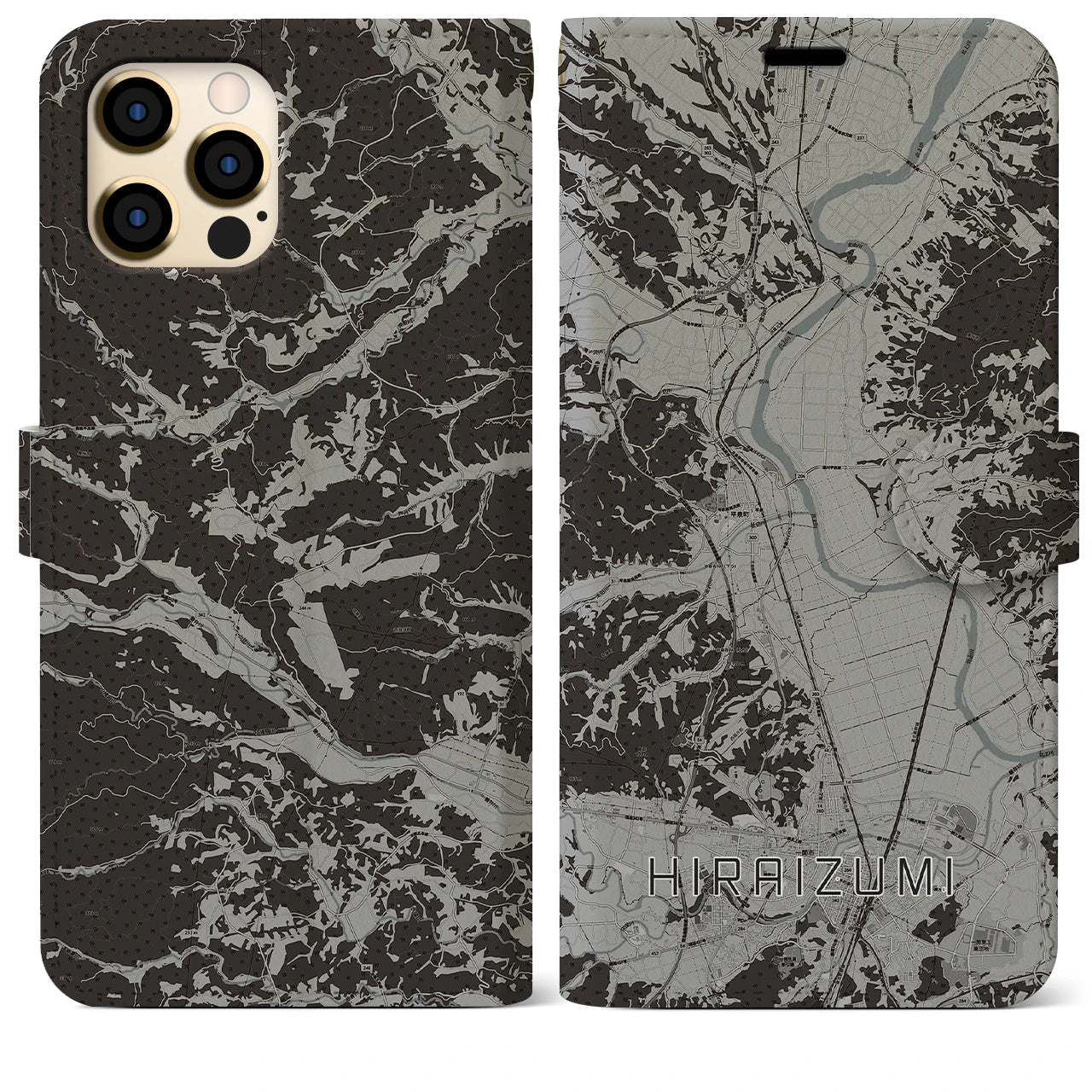 【平泉(岩手県)】地図柄iPhoneケース(手帳タイプ)モノトーン・iPhone 12 Pro Max 用