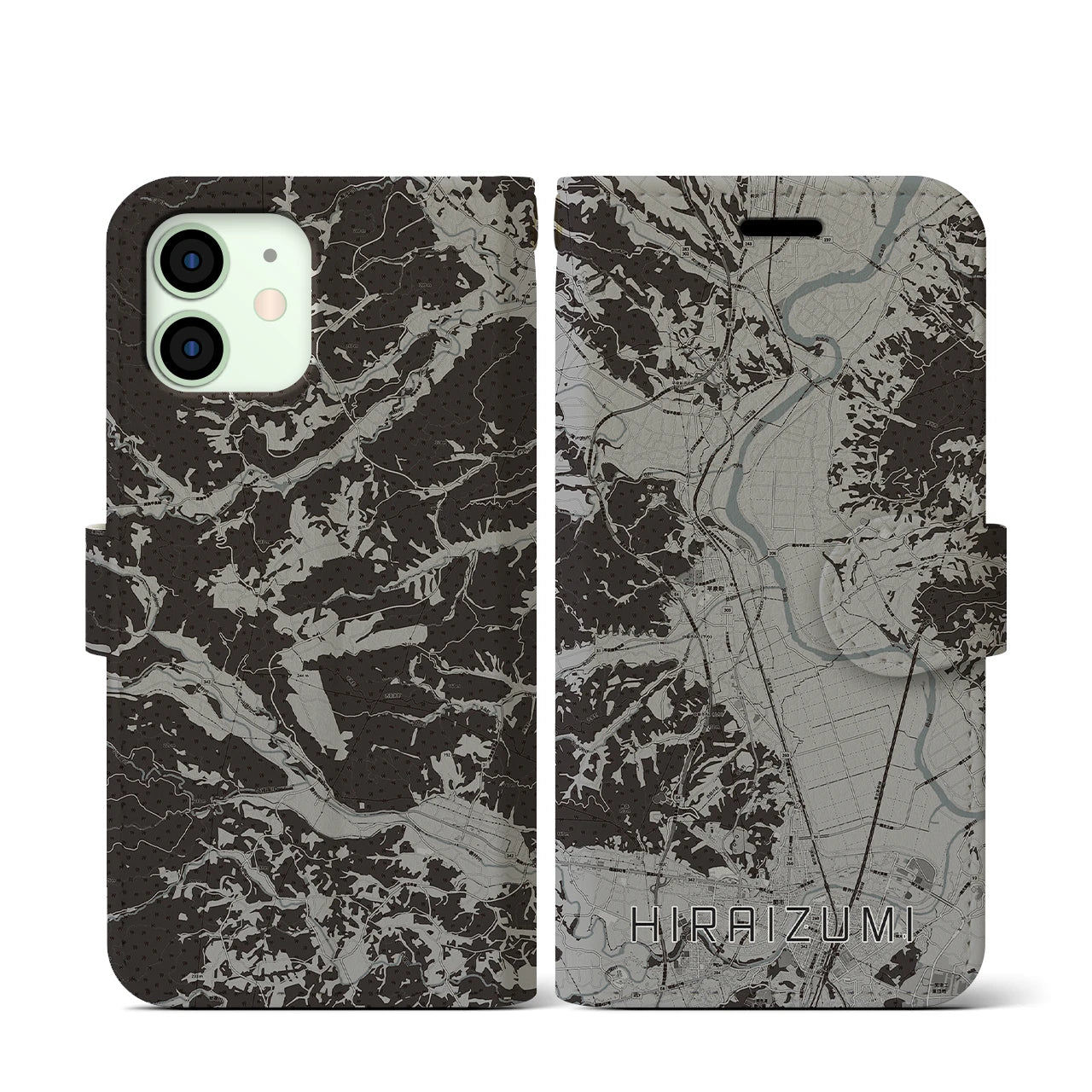 【平泉(岩手県)】地図柄iPhoneケース(手帳タイプ)モノトーン・iPhone 12 mini 用