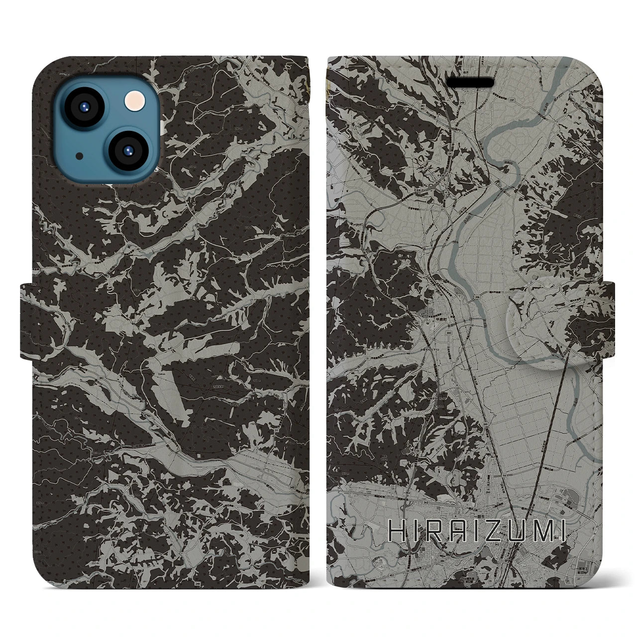 【平泉(岩手県)】地図柄iPhoneケース(手帳タイプ)モノトーン・iPhone 13 用