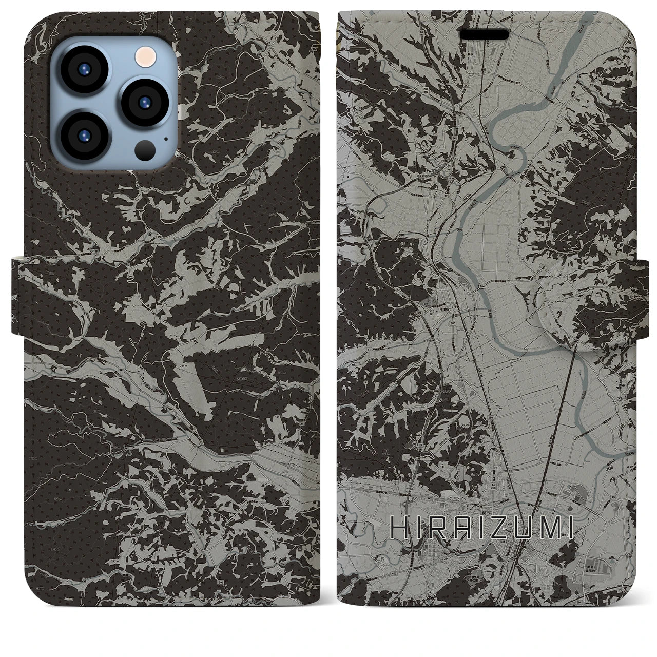 【平泉(岩手県)】地図柄iPhoneケース(手帳タイプ)モノトーン・iPhone 13 Pro Max 用