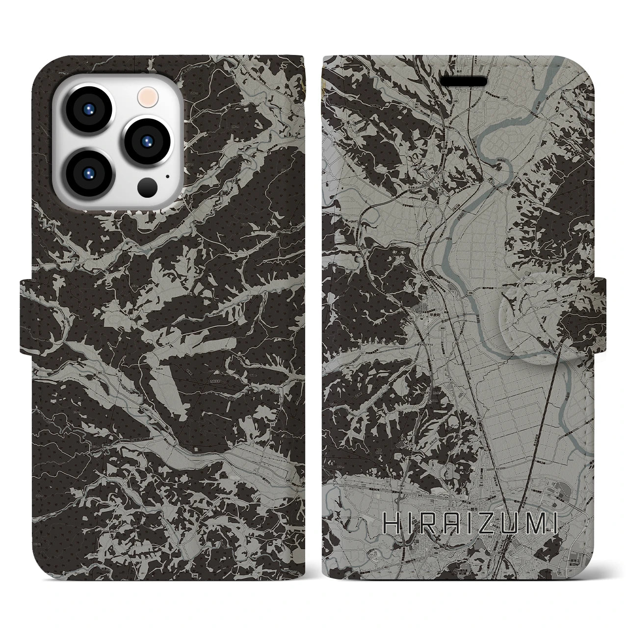 【平泉(岩手県)】地図柄iPhoneケース(手帳タイプ)モノトーン・iPhone 13 Pro 用