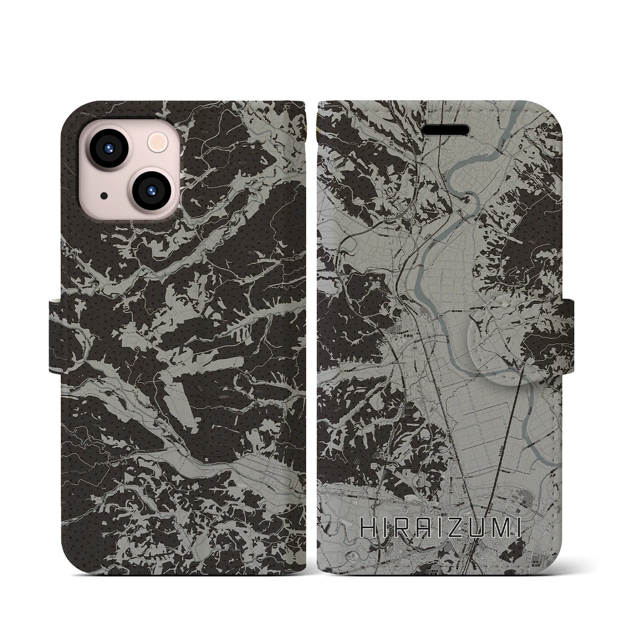【平泉(岩手県)】地図柄iPhoneケース(手帳タイプ)モノトーン・iPhone 13 mini 用