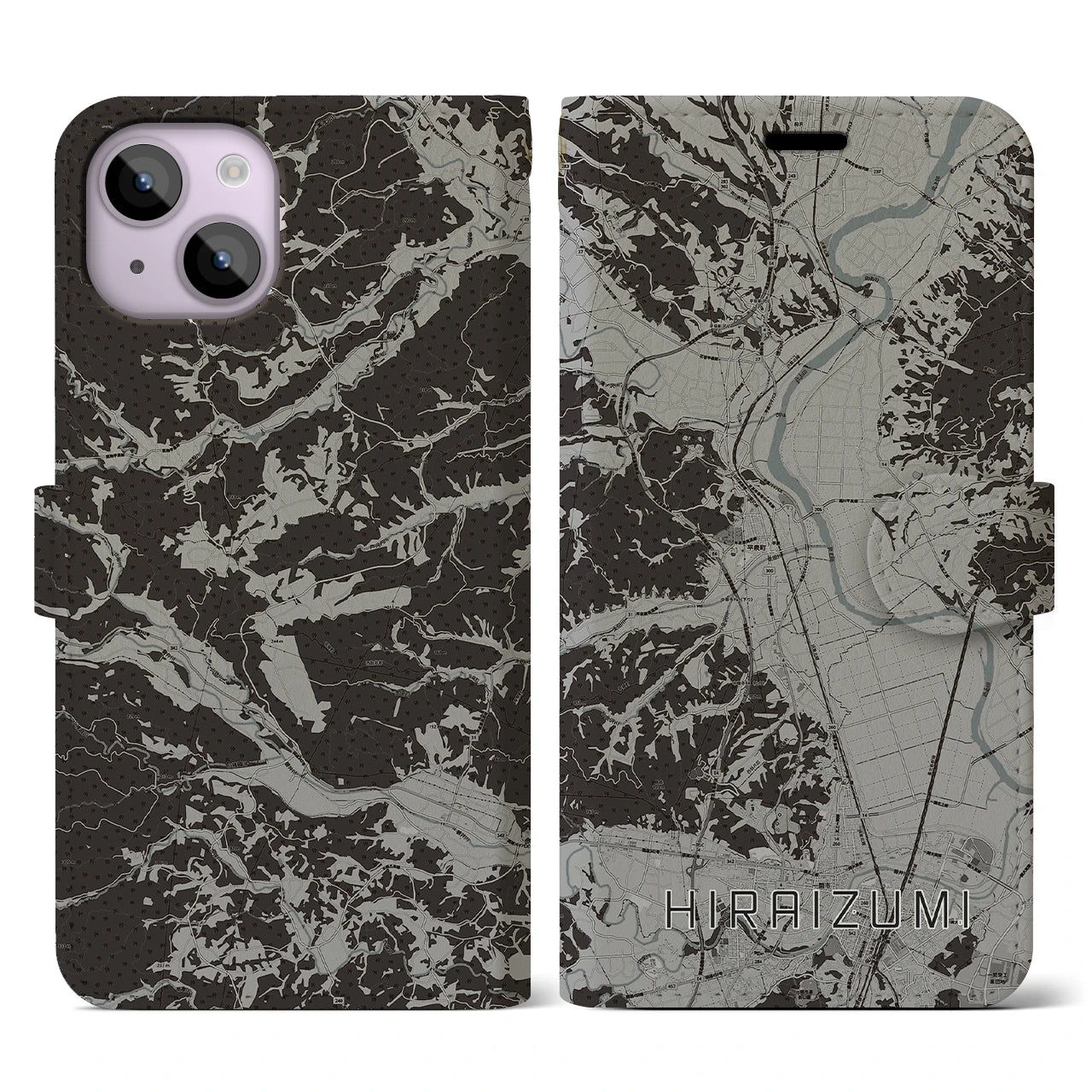 【平泉(岩手県)】地図柄iPhoneケース(手帳タイプ)モノトーン・iPhone 14 用