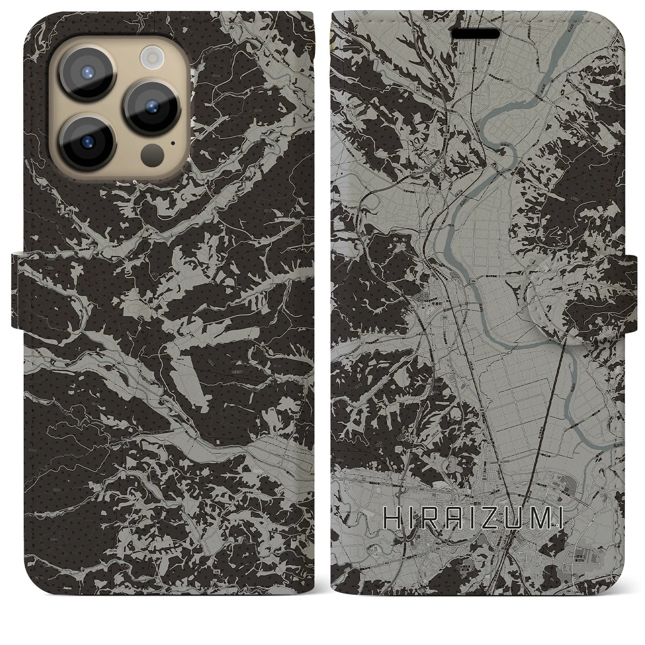【平泉(岩手県)】地図柄iPhoneケース(手帳タイプ)モノトーン・iPhone 14 Pro Max 用