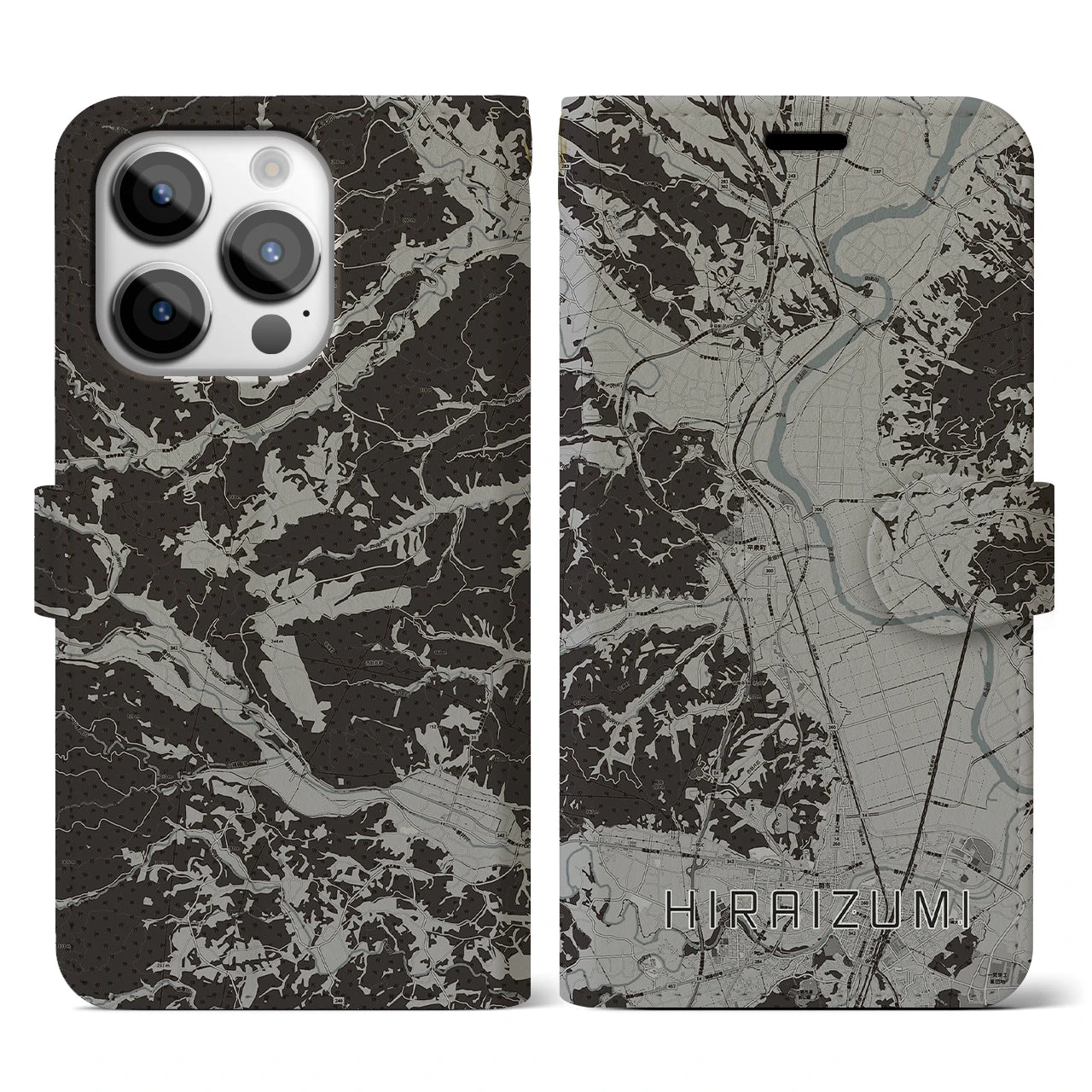 【平泉(岩手県)】地図柄iPhoneケース(手帳タイプ)モノトーン・iPhone 14 Pro 用