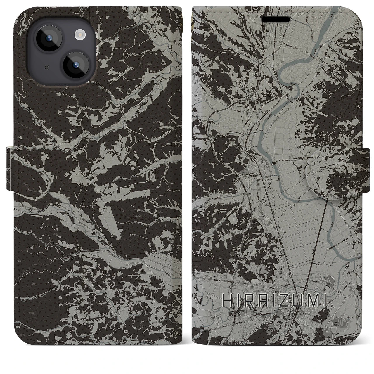 【平泉(岩手県)】地図柄iPhoneケース(手帳タイプ)モノトーン・iPhone 14 Plus 用