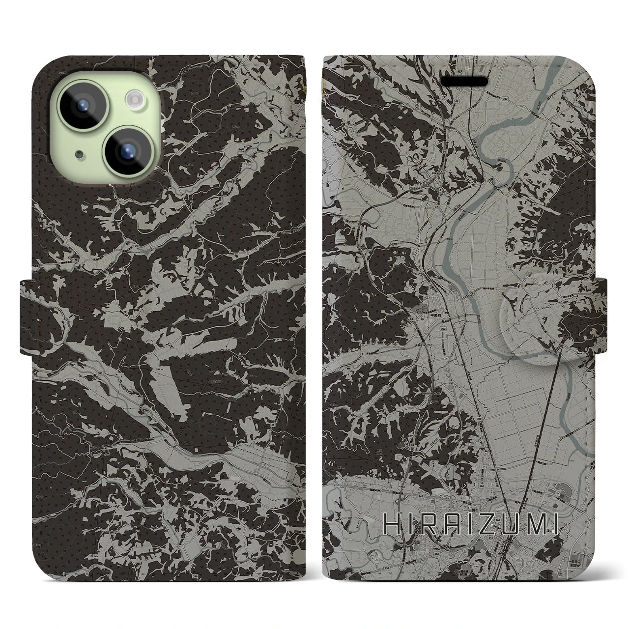 【平泉(岩手県)】地図柄iPhoneケース(手帳タイプ)モノトーン・iPhone 15 用