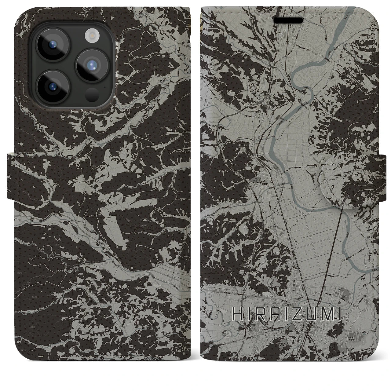 【平泉(岩手県)】地図柄iPhoneケース(手帳タイプ)モノトーン・iPhone 15 Pro Max 用