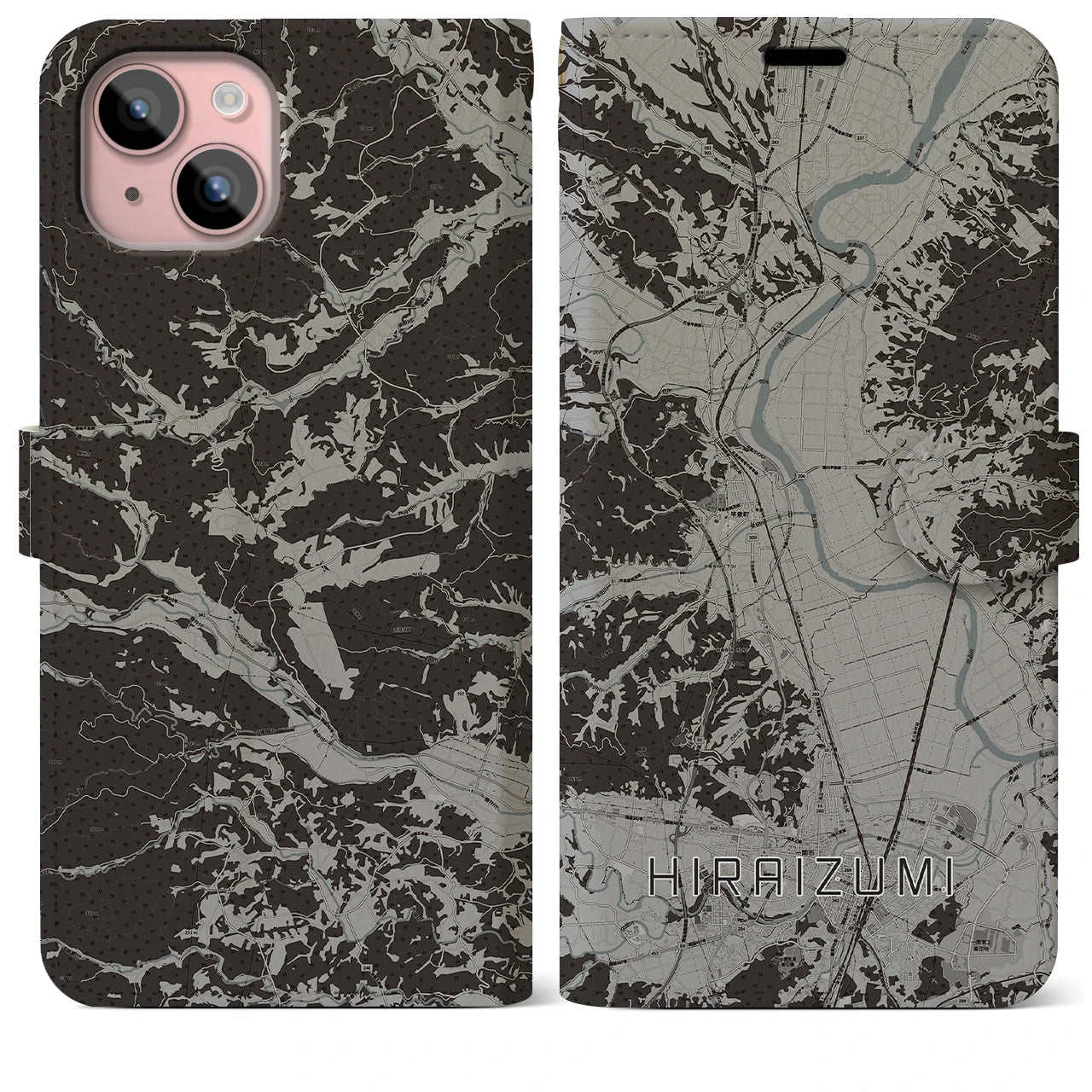 【平泉(岩手県)】地図柄iPhoneケース(手帳タイプ)モノトーン・iPhone 15 Plus 用