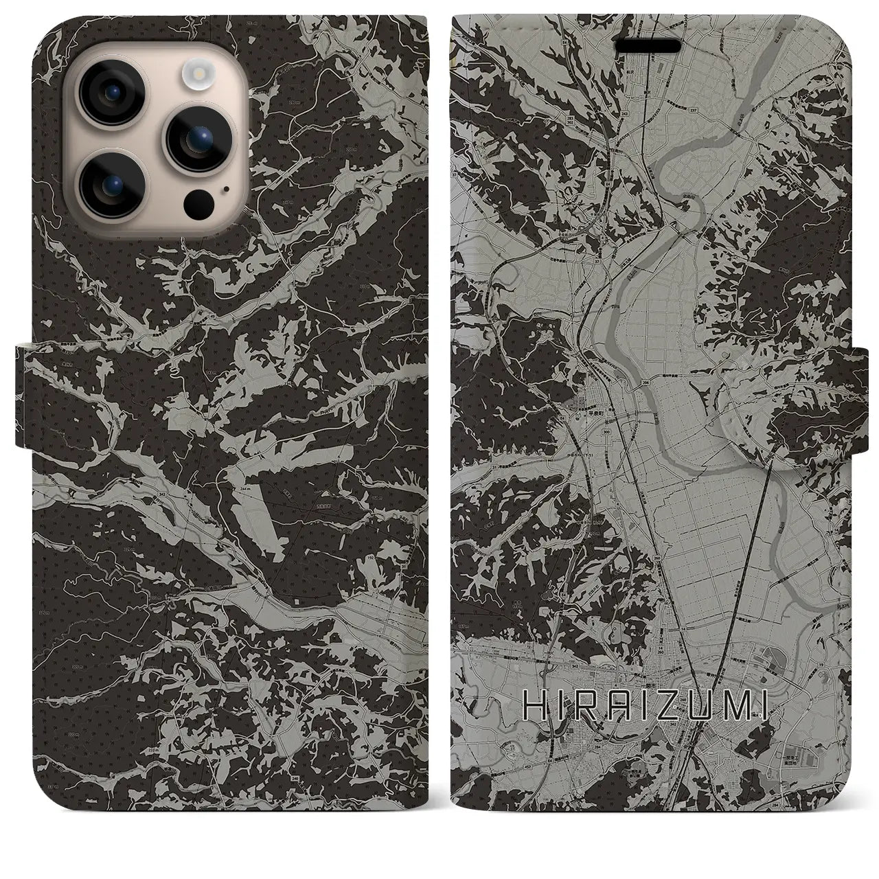 【平泉(岩手県)】地図柄iPhoneケース(手帳タイプ)モノトーン・iPhone 16 Plus 用