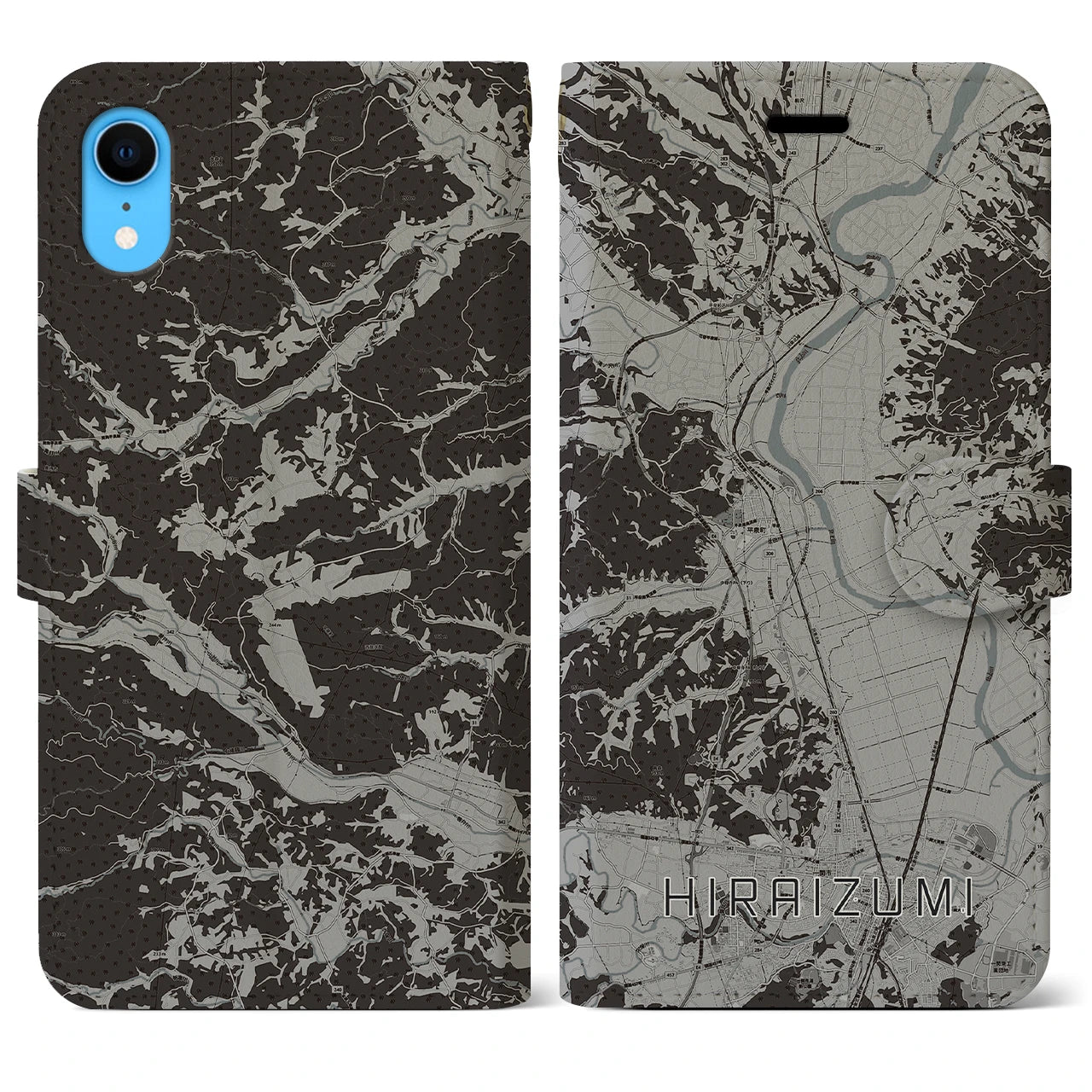 【平泉(岩手県)】地図柄iPhoneケース(手帳タイプ)モノトーン・iPhone XR 用