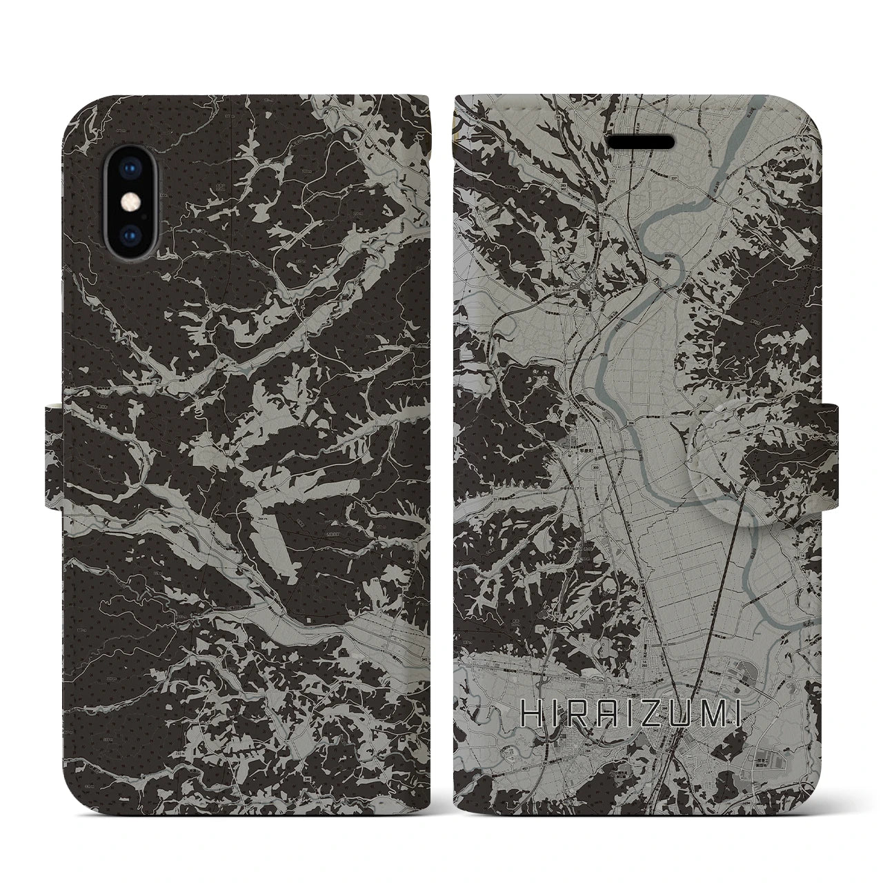【平泉(岩手県)】地図柄iPhoneケース(手帳タイプ)モノトーン・iPhone XS / X 用