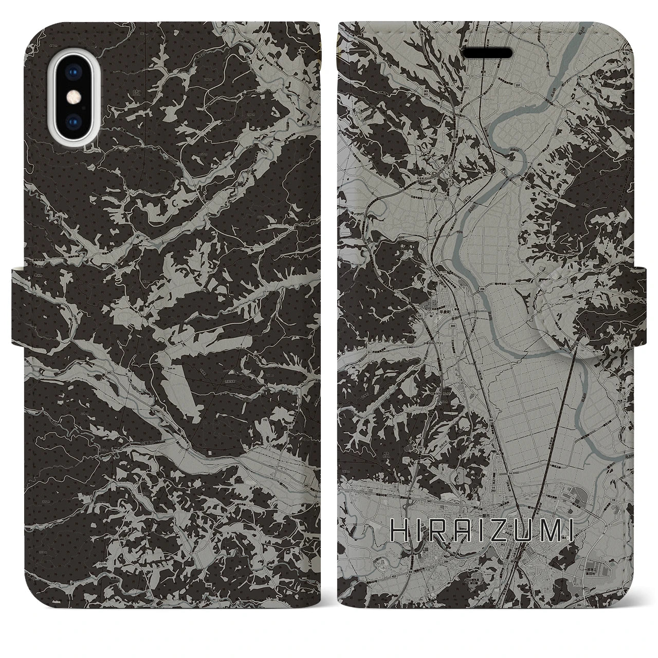 【平泉(岩手県)】地図柄iPhoneケース(手帳タイプ)モノトーン・iPhone XS Max 用