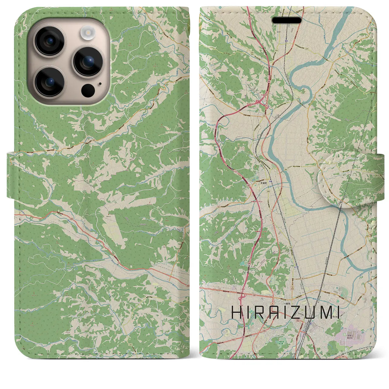 【平泉(岩手県)】地図柄iPhoneケース(手帳タイプ)ナチュラル・iPhone 16 Plus 用