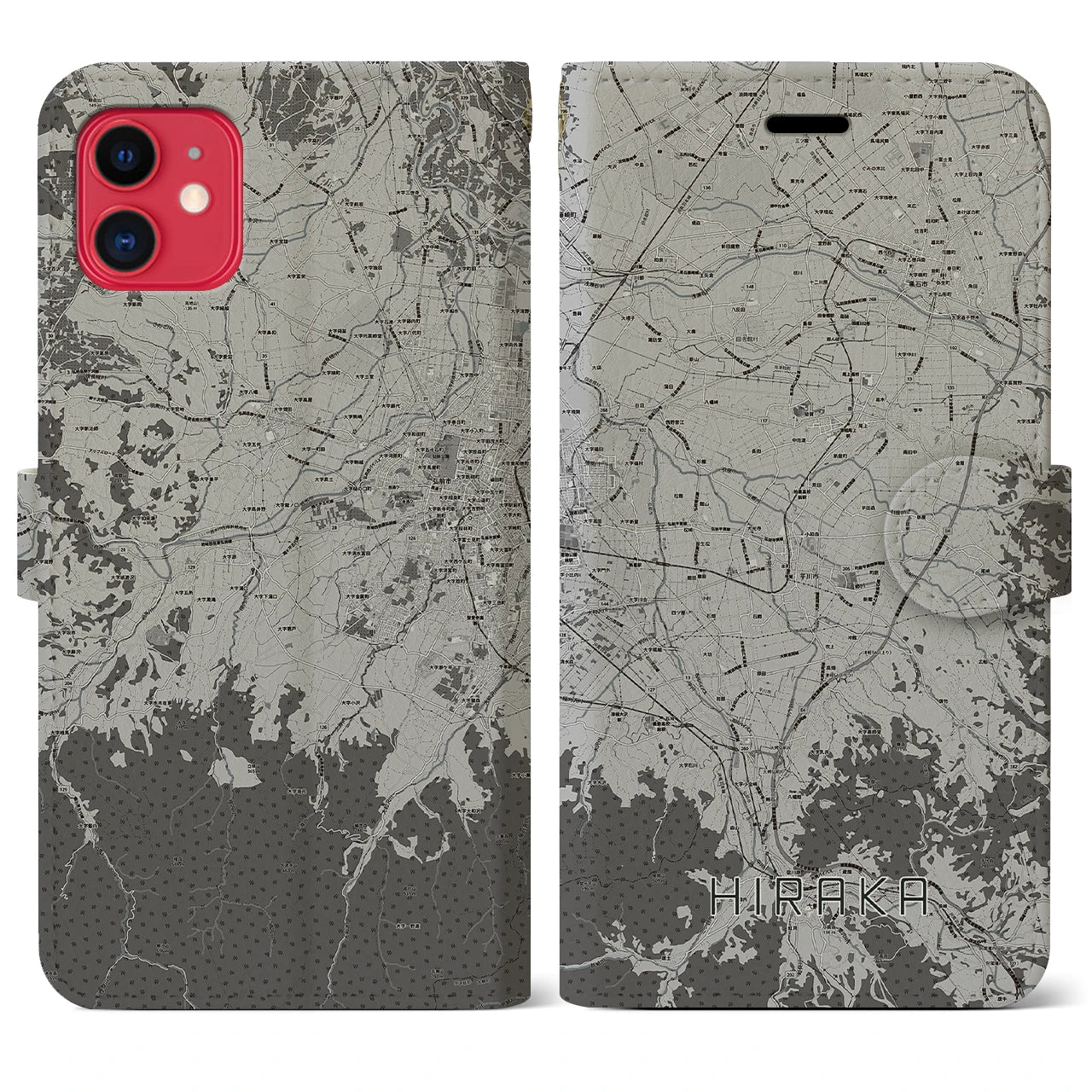 【平賀(青森県)】地図柄iPhoneケース(手帳タイプ)モノトーン・iPhone 11 用