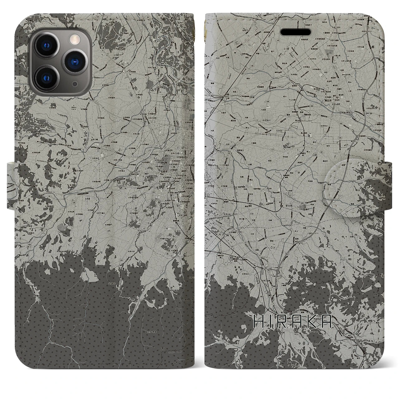 【平賀(青森県)】地図柄iPhoneケース(手帳タイプ)モノトーン・iPhone 11 Pro Max 用