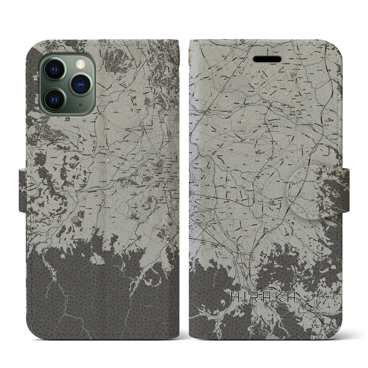 【平賀(青森県)】地図柄iPhoneケース(手帳タイプ)モノトーン・iPhone 11 Pro 用