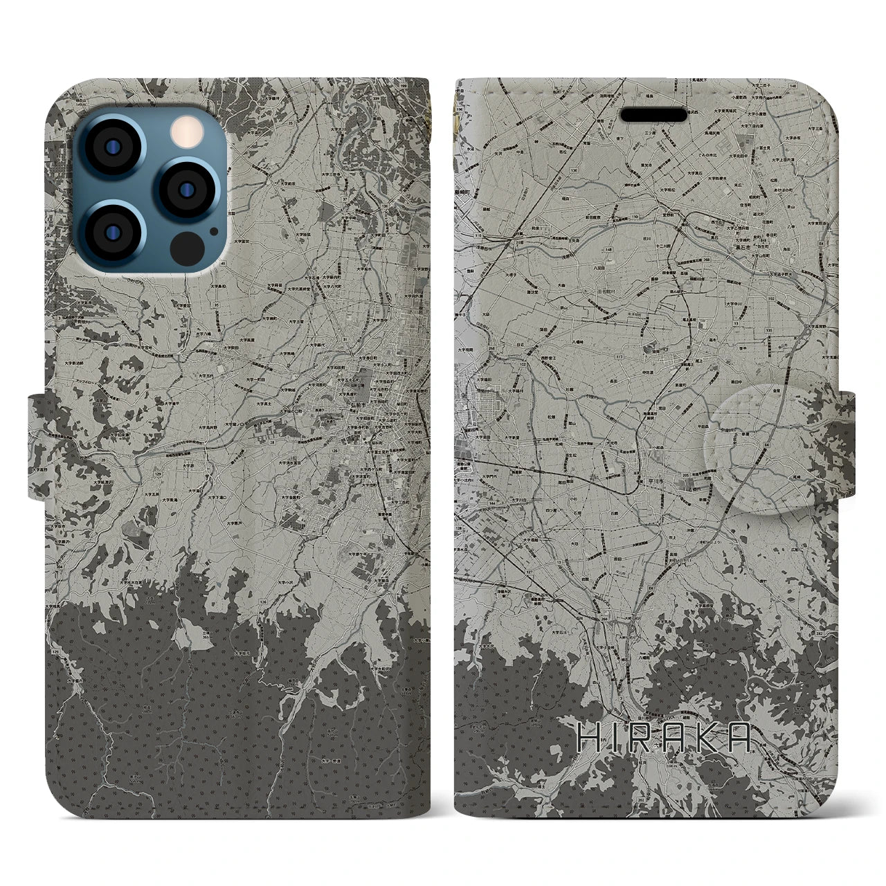 【平賀(青森県)】地図柄iPhoneケース(手帳タイプ)モノトーン・iPhone 12 / 12 Pro 用