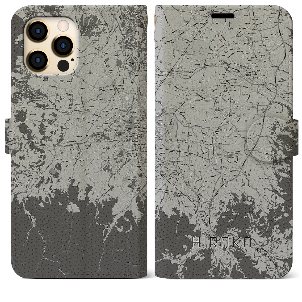 【平賀(青森県)】地図柄iPhoneケース(手帳タイプ)モノトーン・iPhone 12 Pro Max 用