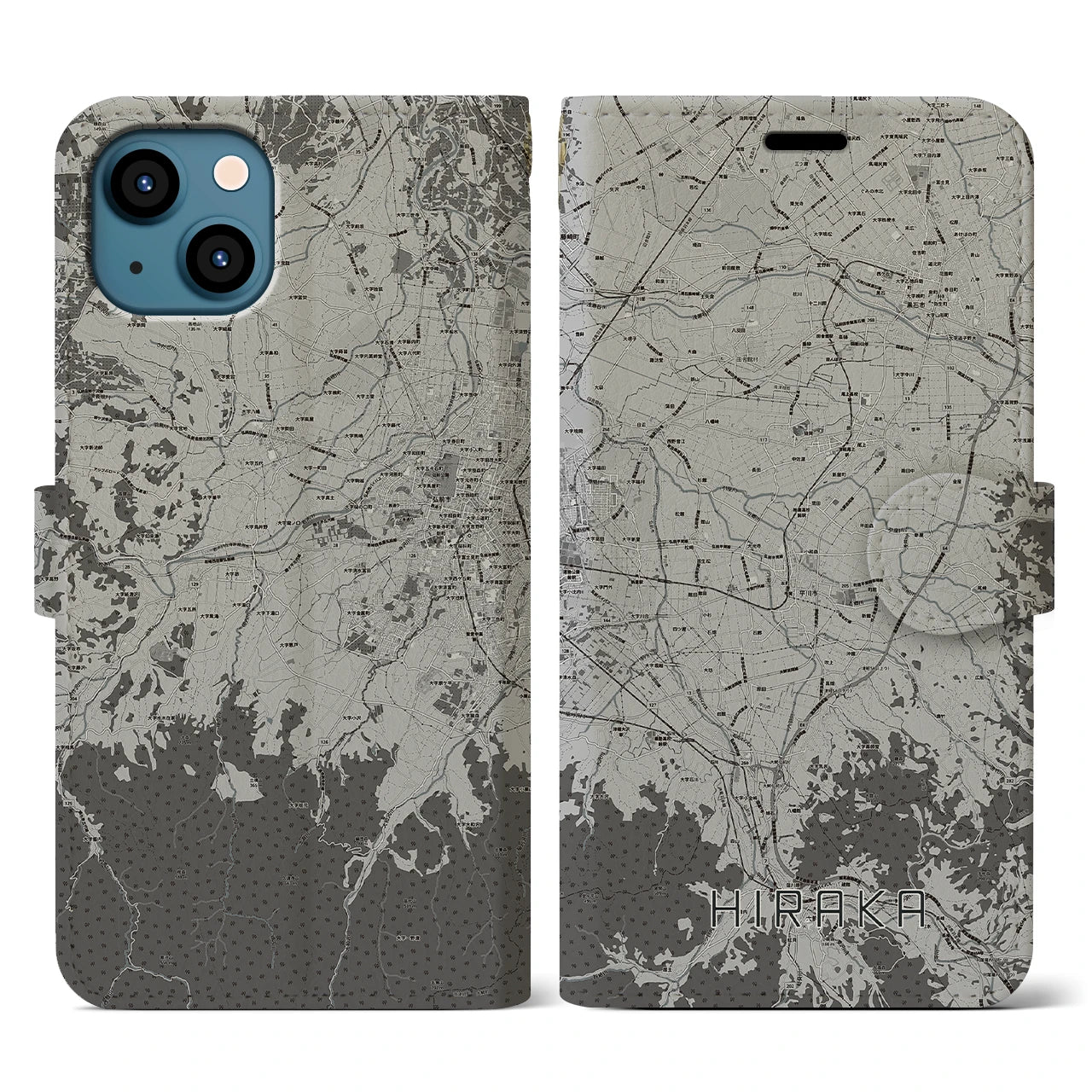 【平賀(青森県)】地図柄iPhoneケース(手帳タイプ)モノトーン・iPhone 13 用