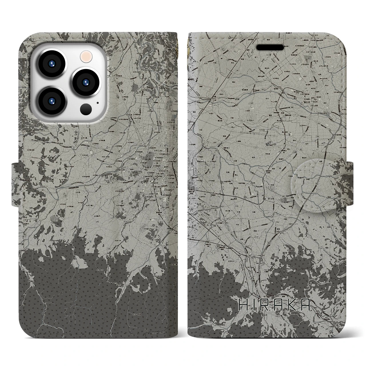 【平賀(青森県)】地図柄iPhoneケース(手帳タイプ)モノトーン・iPhone 13 Pro 用