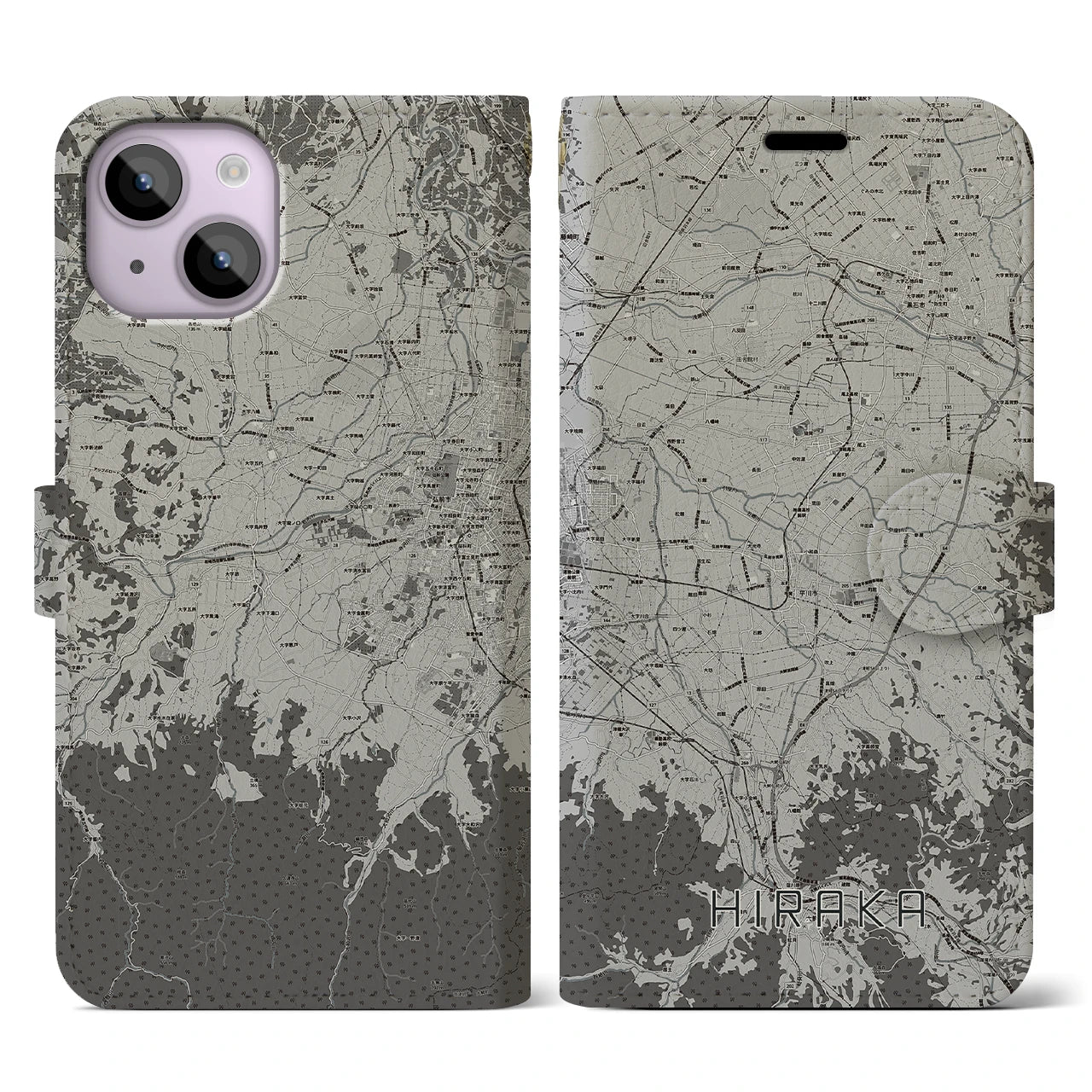 【平賀(青森県)】地図柄iPhoneケース(手帳タイプ)モノトーン・iPhone 14 用